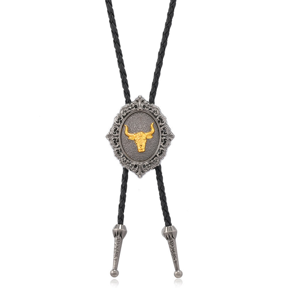 Cravatta Bolo Western Cowboy Testa di Longhorn Dorata