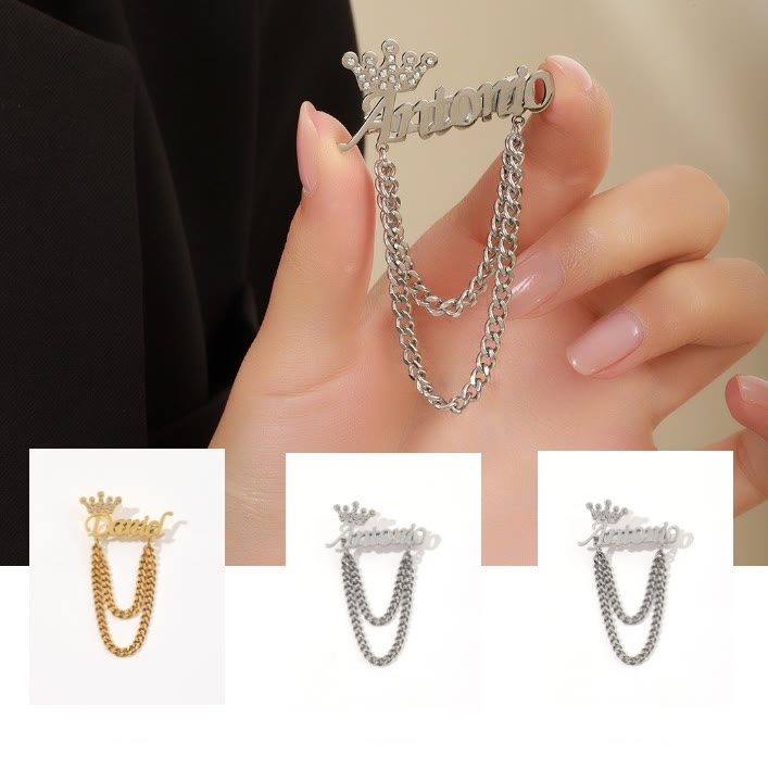 Spilla personalizzata con il tuo nome e decorazione a corona, accessori per abiti