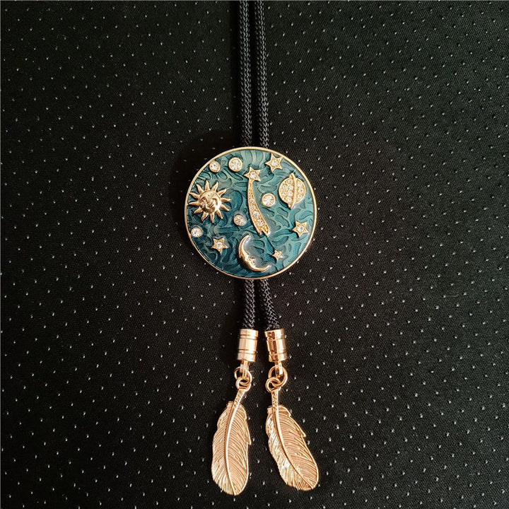 Cravatta Bolo vintage con sole, luna, universo e strass