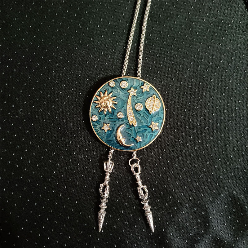 Cravatta Bolo vintage con sole, luna, universo e strass
