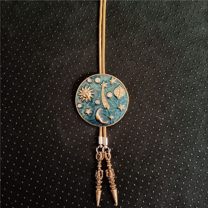 Cravatta Bolo vintage con sole, luna, universo e strass