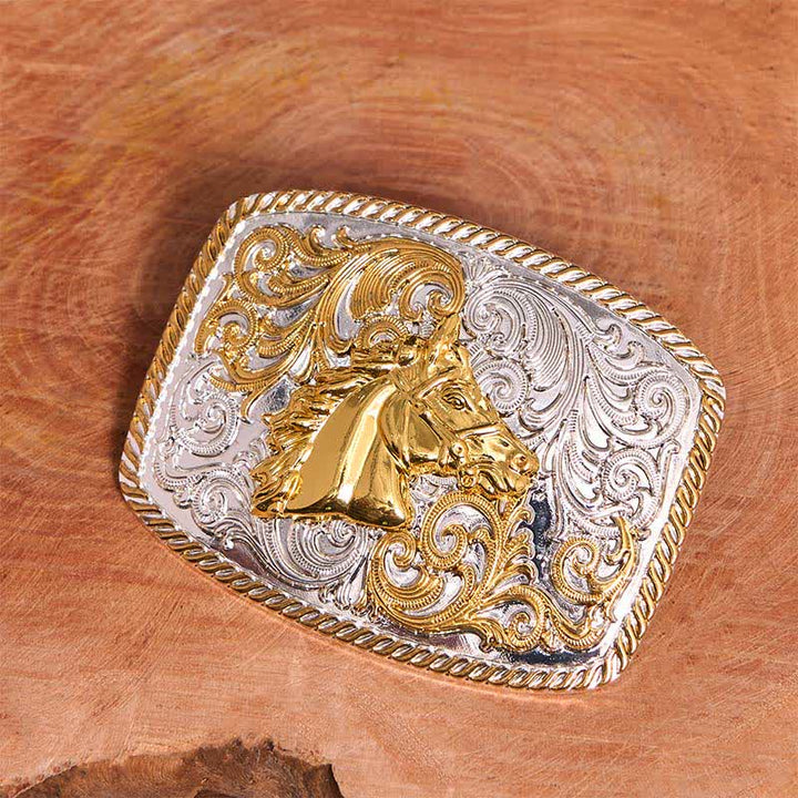 Cintura in pelle con fibbia grande fai da te con testa di cavallo in oro e argento - image 1