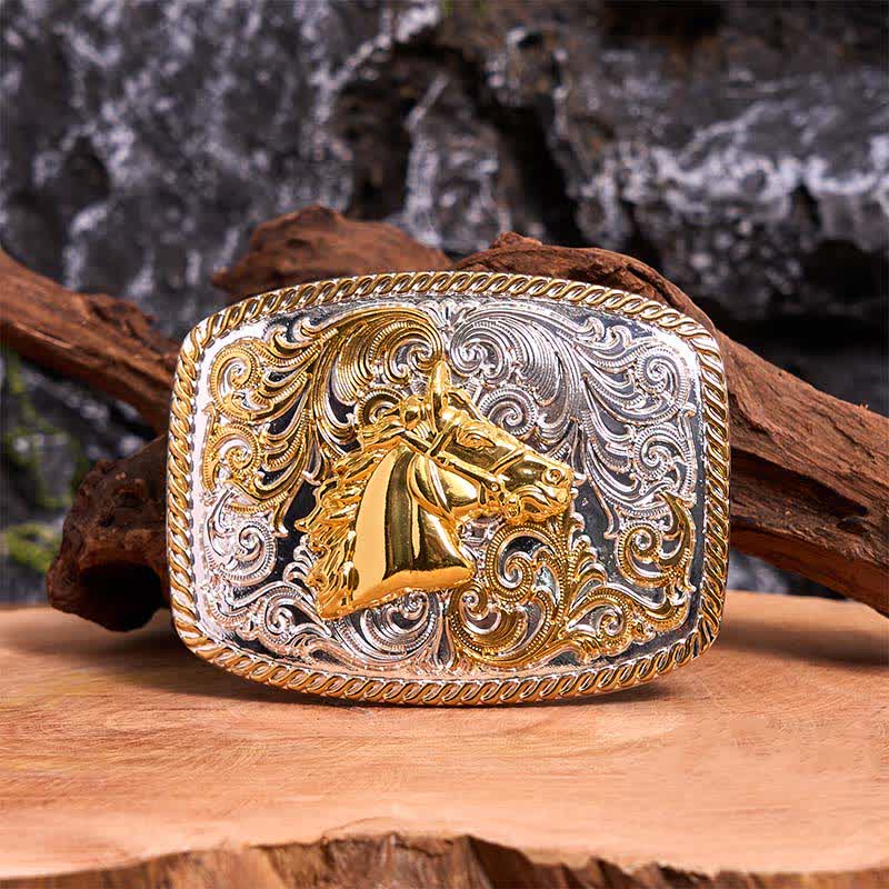 Cintura in pelle con fibbia grande fai da te con testa di cavallo in oro e argento - Testa di cavallo - Senza cintura - Cintura non inclusa - image 1