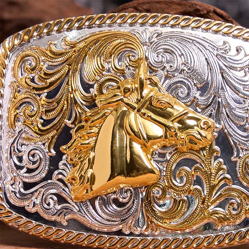 Cintura in pelle con fibbia grande fai da te con testa di cavallo in oro e argento - image 4