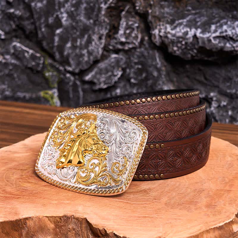Cintura in pelle con fibbia grande fai da te con testa di cavallo in oro e argento - Testa di cavallo - Cintura con rivetti marroni - 42 - image 7