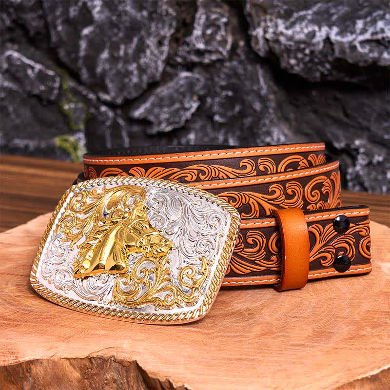 Cintura in pelle con fibbia grande fai da te con testa di cavallo in oro e argento - Testa di cavallo - Cintura floreale in rilievo arancione - 42 - image 9
