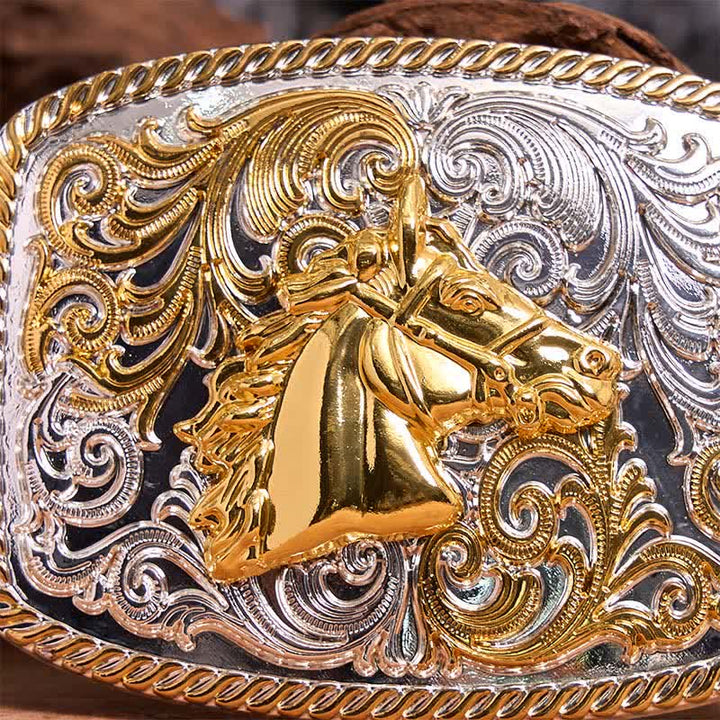 Cintura in pelle con fibbia grande fai da te con testa di cavallo in oro e argento - image 3