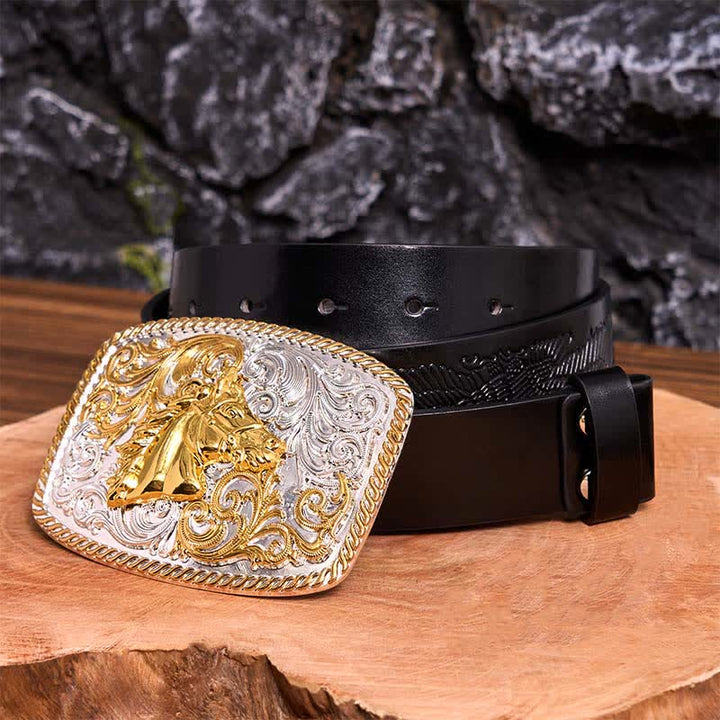 Cintura in pelle con fibbia grande fai da te con testa di cavallo in oro e argento - Testa di cavallo - Cintura con aquila in rilievo nera - 42 - image 5
