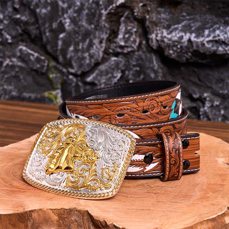 Cintura in pelle con fibbia grande fai da te con testa di cavallo in oro e argento - Testa di cavallo - Cintura di piume marroni - 40 - image 10