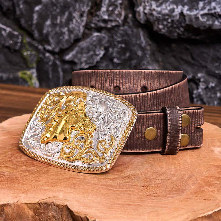 Cintura in pelle con fibbia grande fai da te con testa di cavallo in oro e argento - Testa di cavallo - Cintura marrone anticata - 42 - image 9
