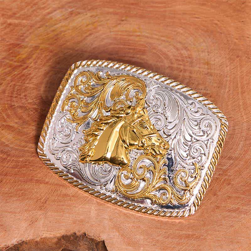 Cintura in pelle con fibbia grande fai da te con testa di cavallo in oro e argento - image 1