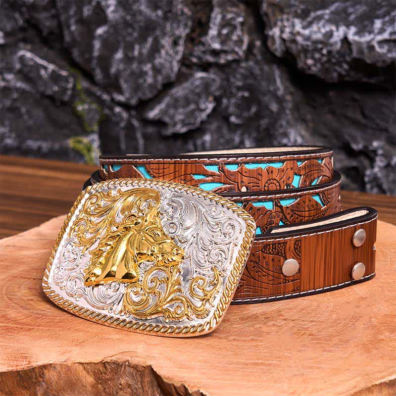 Cintura in pelle con fibbia grande fai da te con testa di cavallo in oro e argento - Testa di cavallo - Cintura intagliata turchese - 42 - image 6
