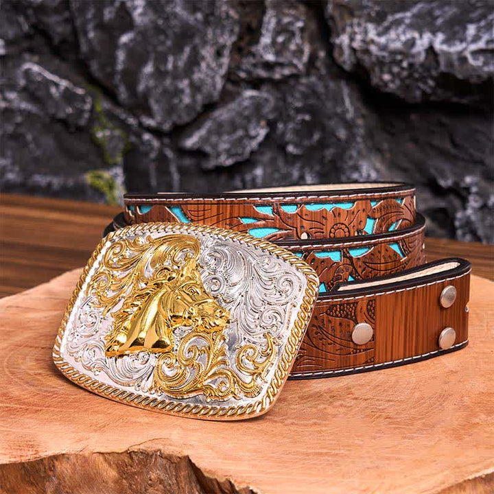 Cintura in pelle con fibbia grande fai da te con testa di cavallo in oro e argento - Testa di cavallo - Cintura intagliata turchese - 42 - image 6