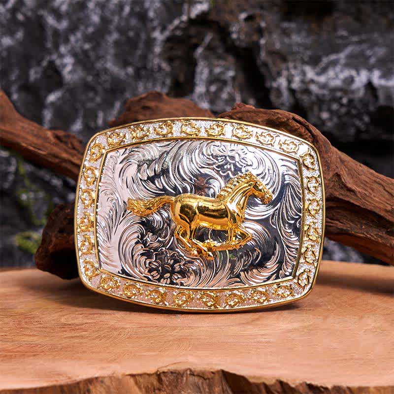 Cintura in pelle con fibbia grande fai da te a forma di cavallo in corsa in oro e argento - Cavallo in corsa - Senza cintura - Cintura non inclusa - image 1
