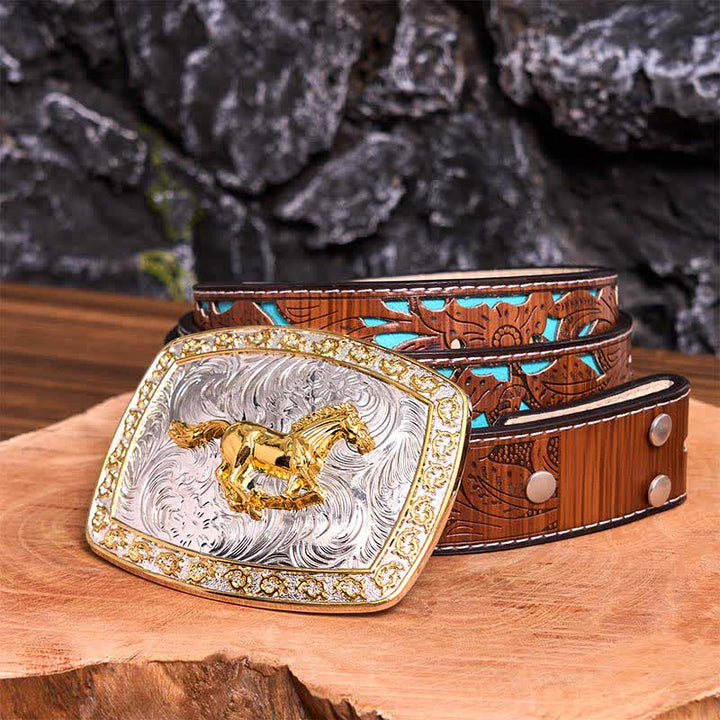 Cintura in pelle con fibbia grande fai da te a forma di cavallo in corsa in oro e argento - Cavallo in corsa - Cintura intagliata turchese - 42 - image 7