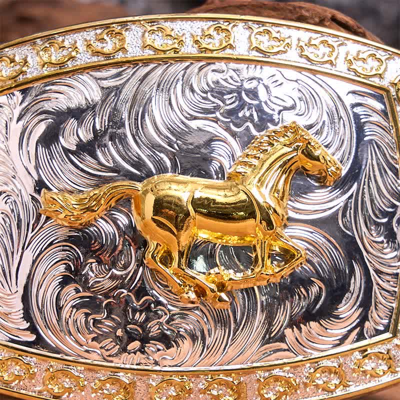 Cintura in pelle con fibbia grande fai da te a forma di cavallo in corsa in oro e argento - image 4