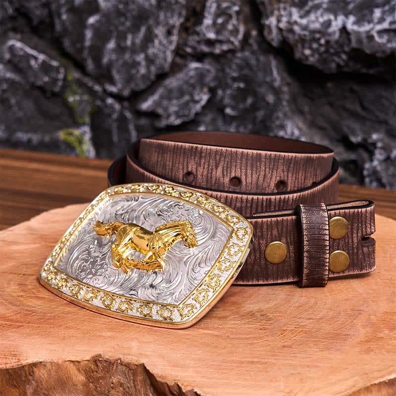 Cintura in pelle con fibbia grande fai da te a forma di cavallo in corsa in oro e argento - Cavallo in corsa - Cintura marrone anticata - 42 - image 8