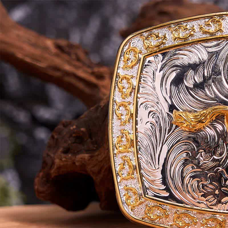 Cintura in pelle con fibbia grande fai da te a forma di cavallo in corsa in oro e argento - image 5