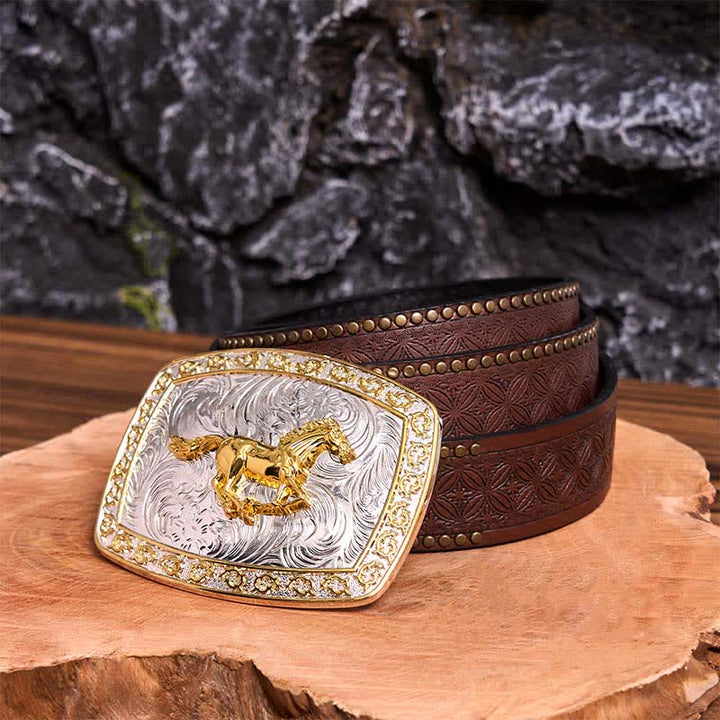 Cintura in pelle con fibbia grande fai da te a forma di cavallo in corsa in oro e argento - Cavallo in corsa - Cintura con rivetti marroni - 42 - image 8