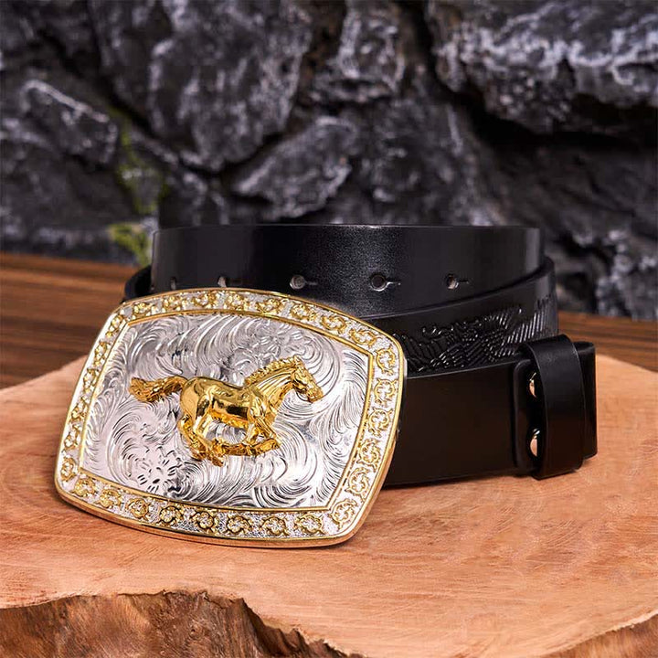 Cintura in pelle con fibbia grande fai da te a forma di cavallo in corsa in oro e argento - Cavallo in corsa - Cintura con aquila in rilievo nera - 42 - image 6