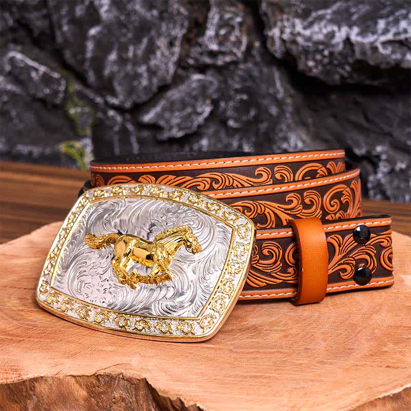 Cintura in pelle con fibbia grande fai da te a forma di cavallo in corsa in oro e argento - Cavallo in corsa - Cintura floreale in rilievo arancione - 42 - image 10