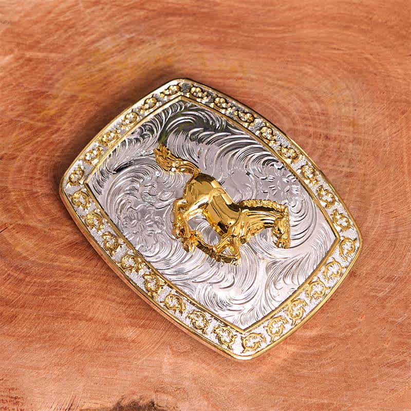 Cintura in pelle con fibbia grande fai da te a forma di cavallo in corsa in oro e argento - image 2