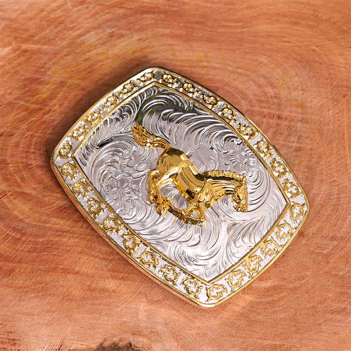 Cintura in pelle con fibbia grande fai da te a forma di cavallo in corsa in oro e argento - image 2