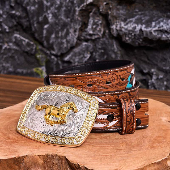 Cintura in pelle con fibbia grande fai da te a forma di cavallo in corsa in oro e argento - Cavallo in corsa - Cintura di piume marroni - 40 - image 11