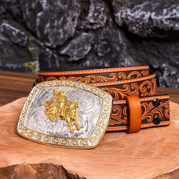 Cintura in pelle con fibbia grande fai da te per equitazione in oro e argento - equitazione - Cintura floreale in rilievo arancione - 42 - image 9