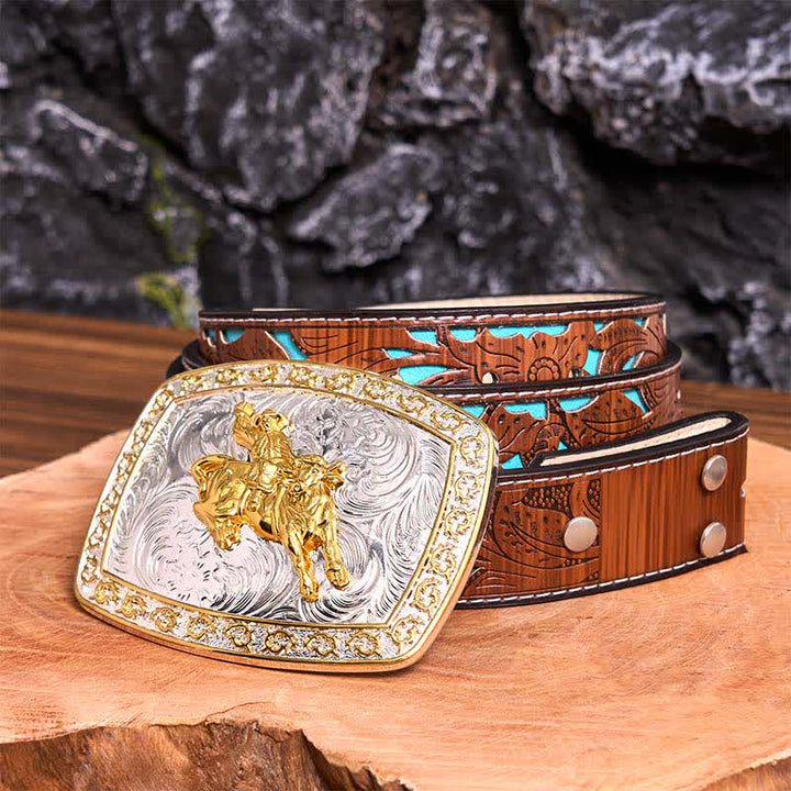 Cintura in pelle con fibbia grande fai da te per equitazione in oro e argento - equitazione - Cintura intagliata turchese - 42 - image 6