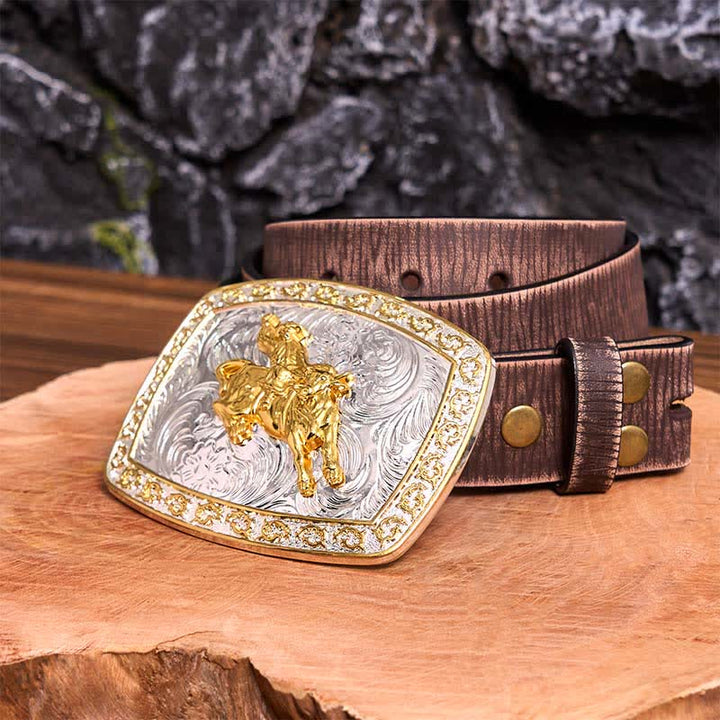 Cintura in pelle con fibbia grande fai da te per equitazione in oro e argento - equitazione - Cintura marrone anticata - 42 - image 9