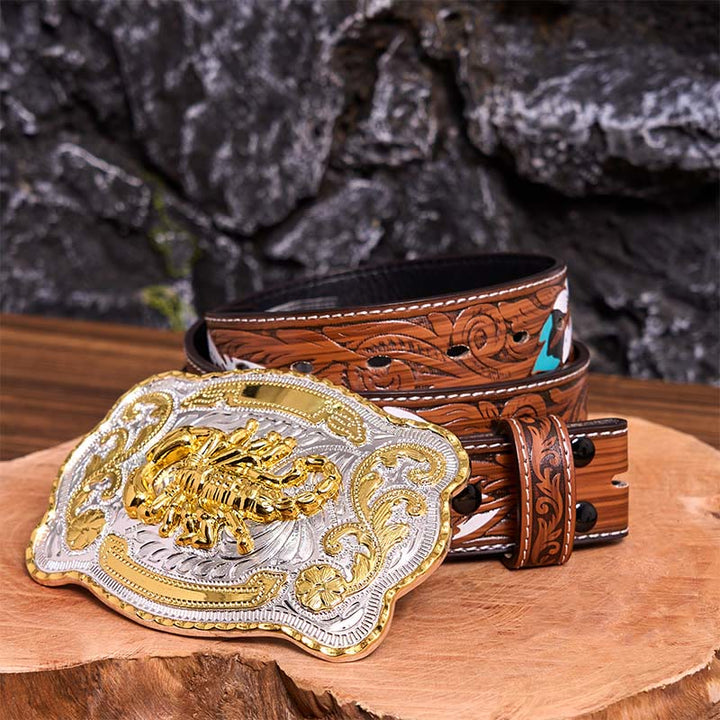 Cintura in pelle con fibbia fai da te con motivo floreale Scorpione in argento dorato - Scorpion - Cintura di piume marroni - 40 - image 11