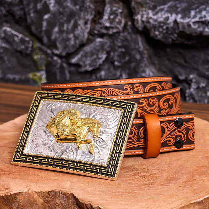 Cintura in pelle con fibbia grande fai da te con doppi cavalli rettangolari dorati e neri - Doppi cavalli - Cintura floreale in rilievo arancione - 42 - image 10