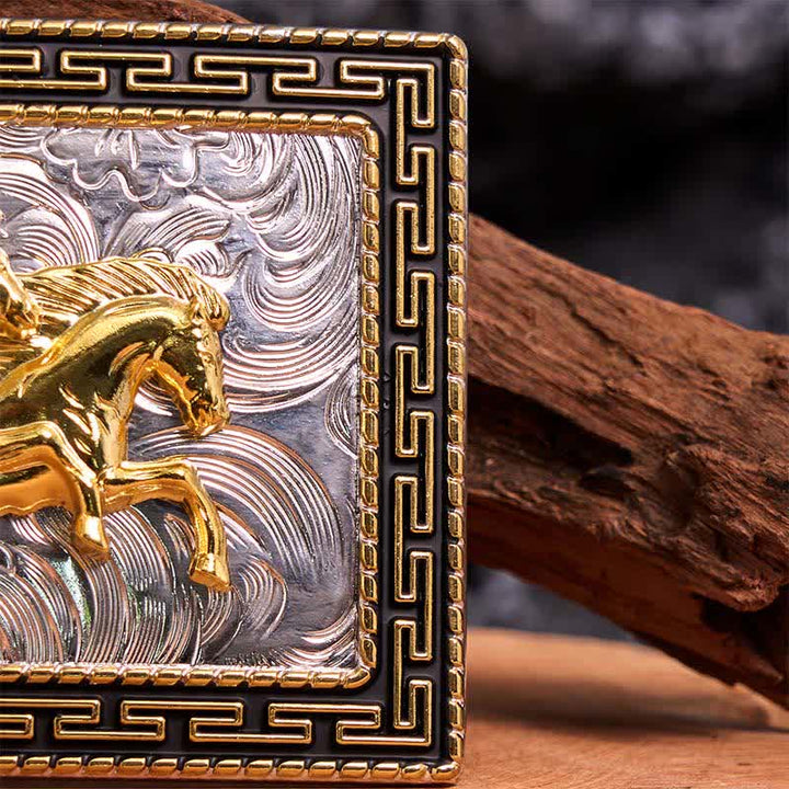 Cintura in pelle con fibbia grande fai da te con doppi cavalli rettangolari dorati e neri - image 4