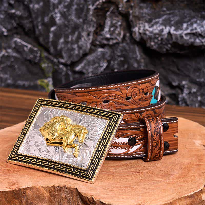 Cintura in pelle con fibbia grande fai da te con doppi cavalli rettangolari dorati e neri - Doppi cavalli - Cintura di piume marroni - 40 - image 11