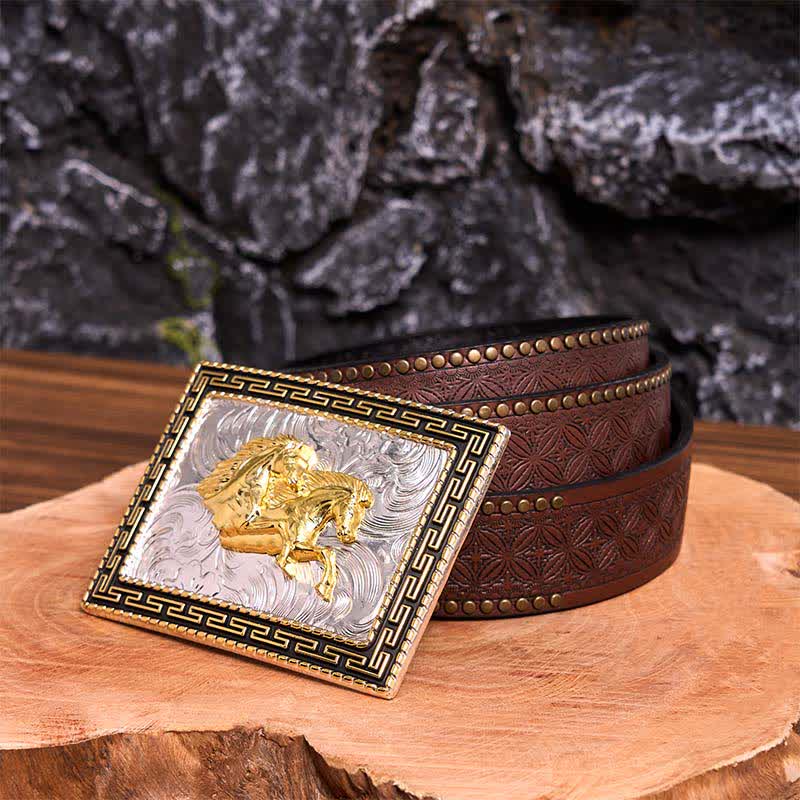 Cintura in pelle con fibbia grande fai da te con doppi cavalli rettangolari dorati e neri - Doppi cavalli - Cintura con rivetti marroni - 42 - image 7