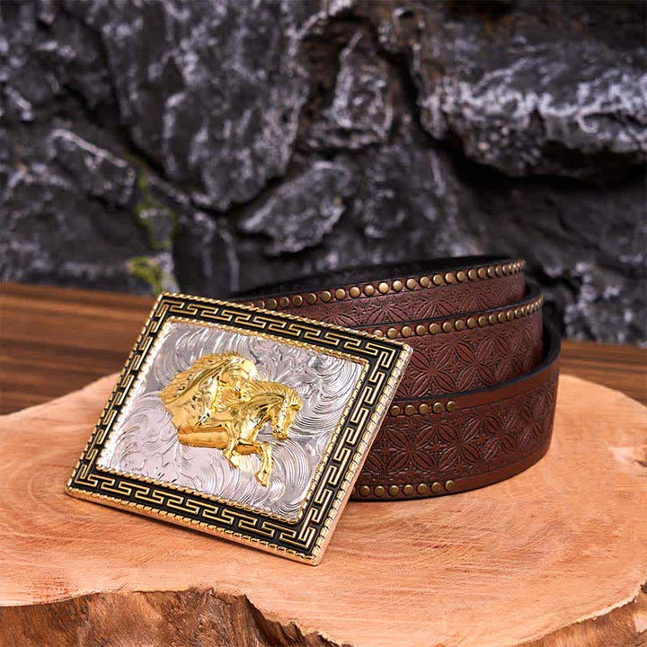 Cintura in pelle con fibbia grande fai da te con doppi cavalli rettangolari dorati e neri - Doppi cavalli - Cintura con rivetti marroni - 42 - image 7