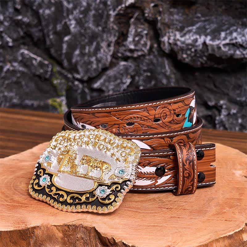 Cintura in pelle con fibbia grande fai da te da cowboy campione del mondo - Preghiera - Cintura di piume marroni - 40 - image 11