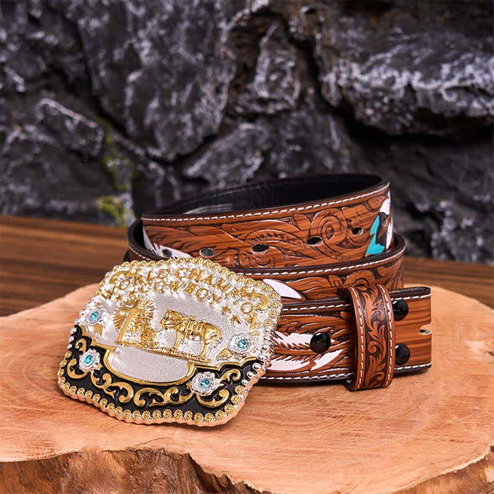 Cintura in pelle con fibbia grande fai da te da cowboy campione del mondo - Preghiera - Cintura di piume marroni - 40 - image 11