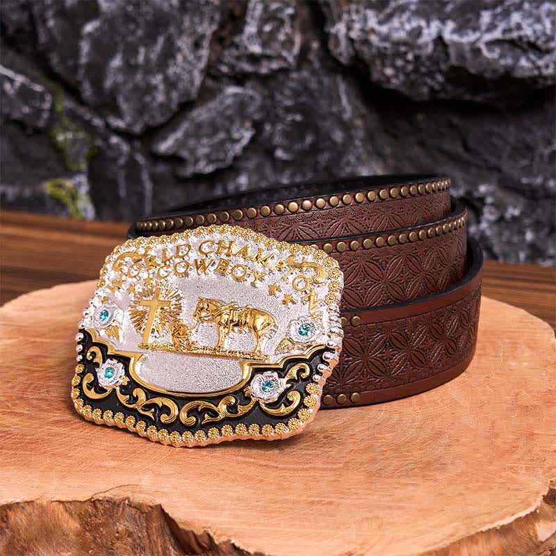 Cintura in pelle con fibbia grande fai da te da cowboy campione del mondo - Preghiera - Cintura con rivetti marroni - 42 - image 8