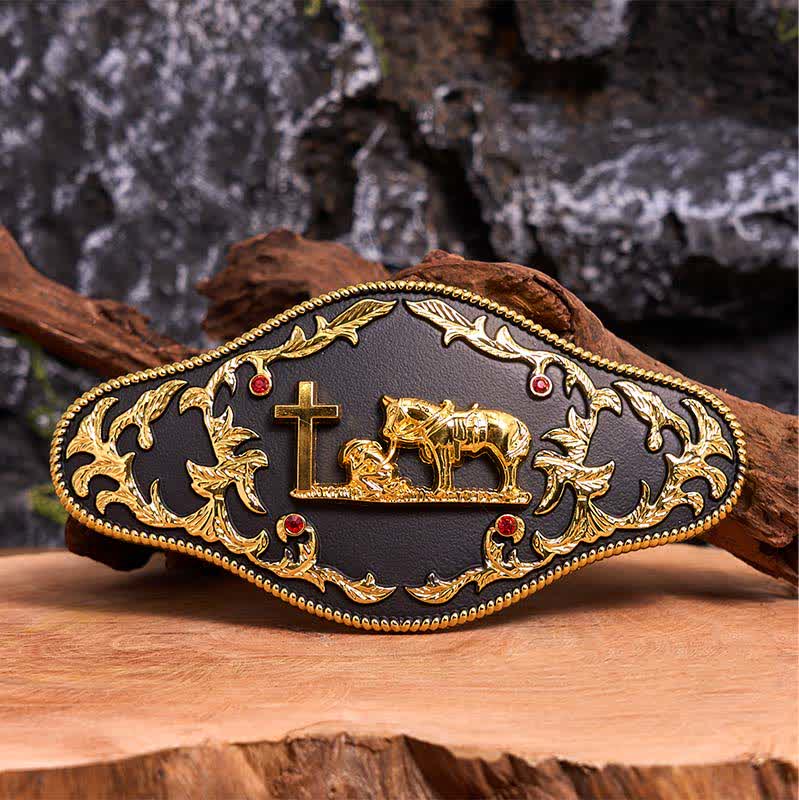 Cintura in pelle con fibbia grande fai da te a forma di croce nera e oro - Preghiera - Senza cintura - Cintura non inclusa - image 1