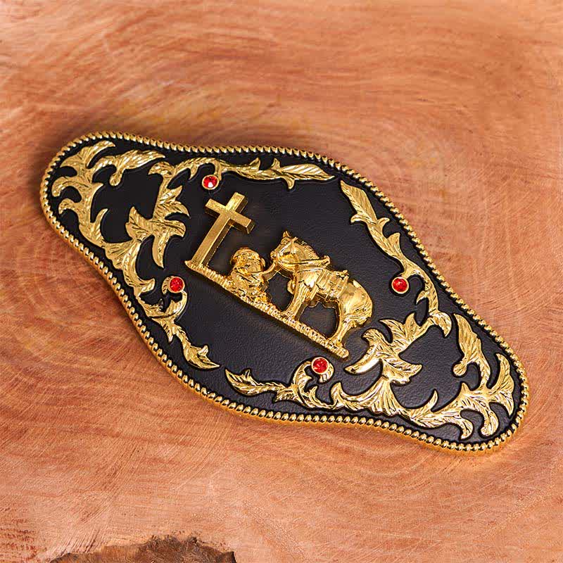 Cintura in pelle con fibbia grande fai da te a forma di croce nera e oro - image 2