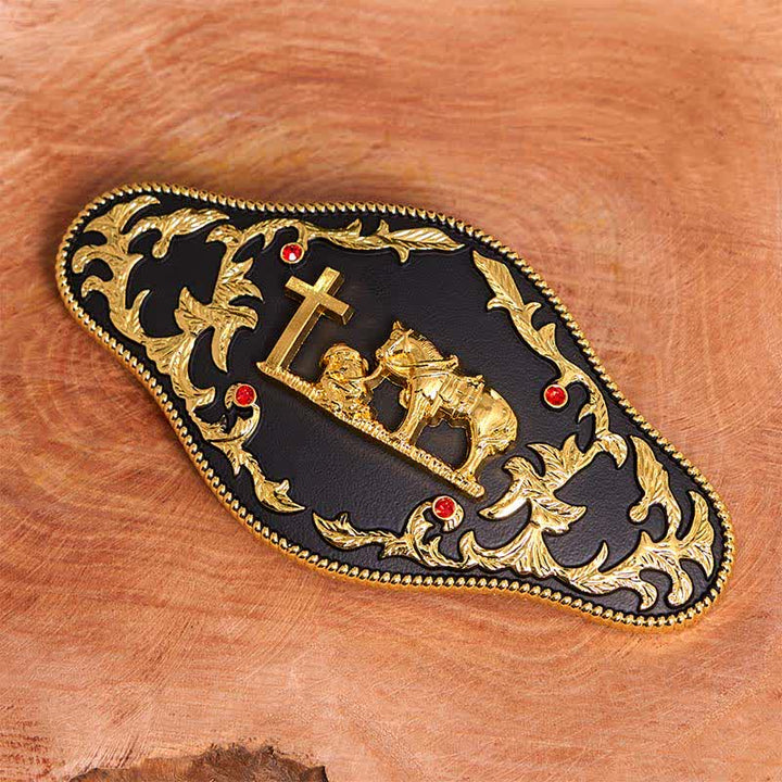 Cintura in pelle con fibbia grande fai da te a forma di croce nera e oro - image 2