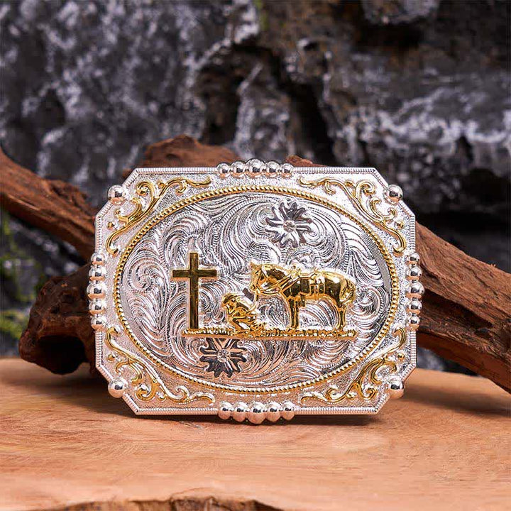 Cintura in pelle con fibbia grande fai da te in argento e oro con cavallo e croce da cowboy - Preghiera - Senza cintura - Cintura non inclusa - image 0