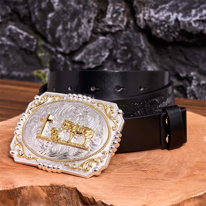 Cintura in pelle con fibbia grande fai da te in argento e oro con cavallo e croce da cowboy - Preghiera - Cintura con aquila in rilievo nera - 42 - image 6