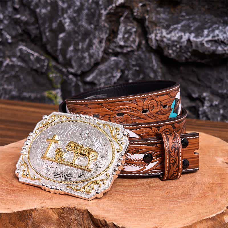 Cintura in pelle con fibbia grande fai da te in argento e oro con cavallo e croce da cowboy - Preghiera - Cintura di piume marroni - 40 - image 11