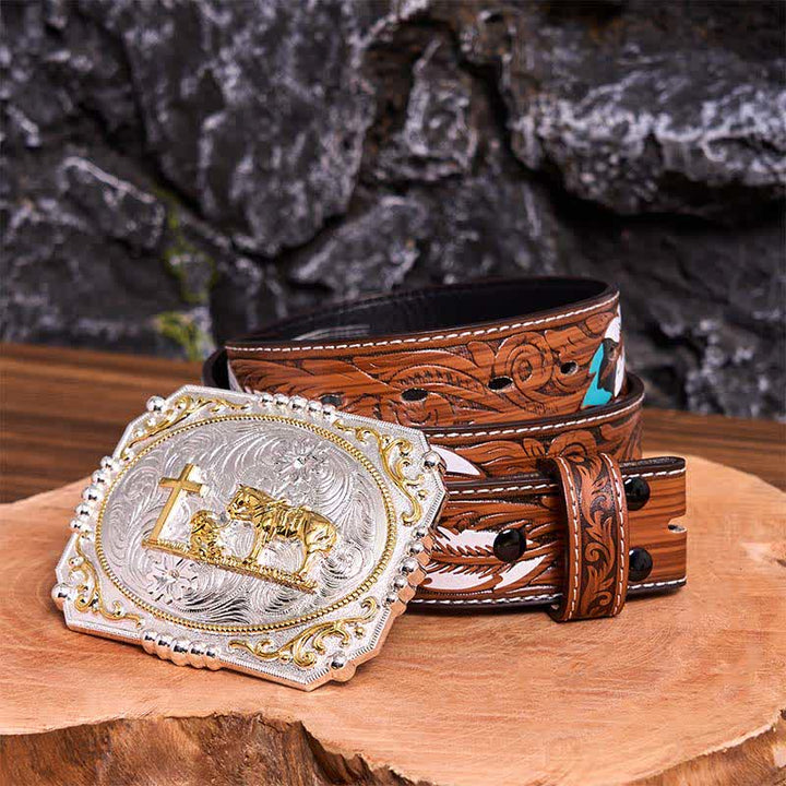 Cintura in pelle con fibbia grande fai da te in argento e oro con cavallo e croce da cowboy - Preghiera - Cintura di piume marroni - 40 - image 11