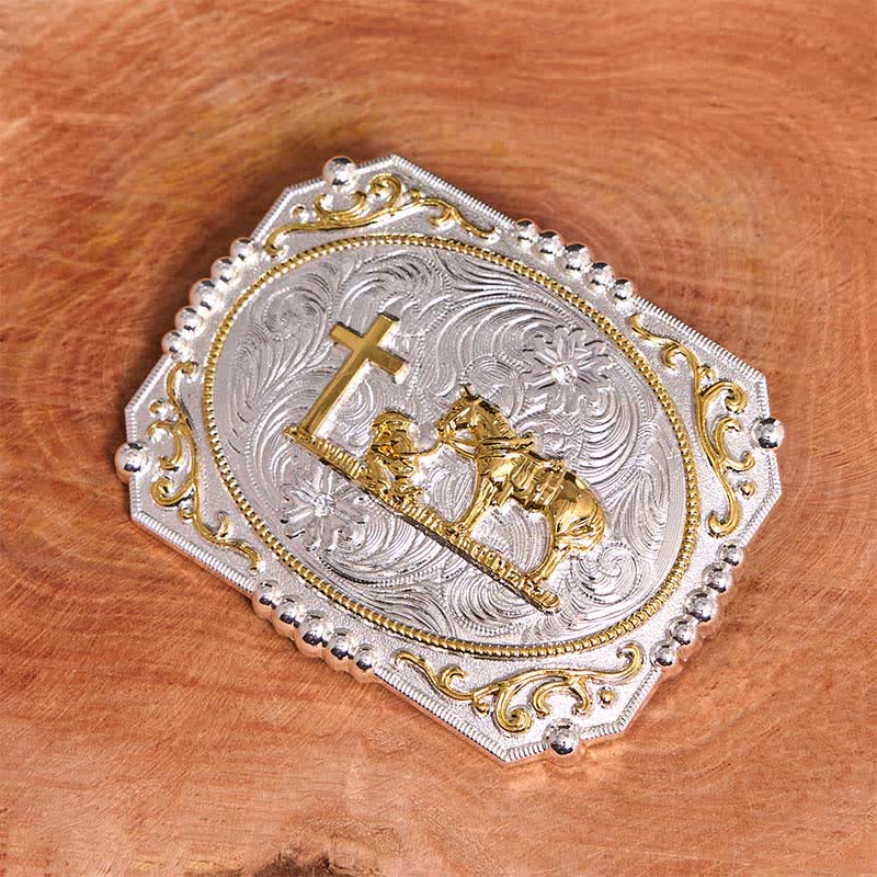 Cintura in pelle con fibbia grande fai da te in argento e oro con cavallo e croce da cowboy - image 4