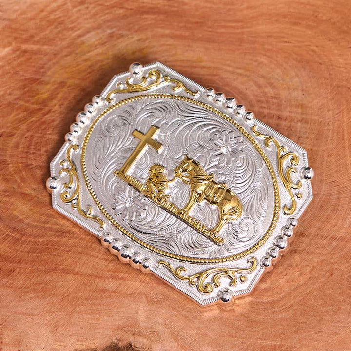 Cintura in pelle con fibbia grande fai da te in argento e oro con cavallo e croce da cowboy - image 4