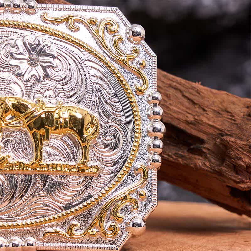 Cintura in pelle con fibbia grande fai da te in argento e oro con cavallo e croce da cowboy - image 3
